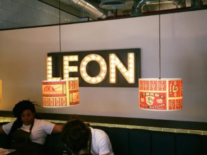 Image of illumated sign at Leon Restaurant on Moorgate, London. Sign made by Avon Signs